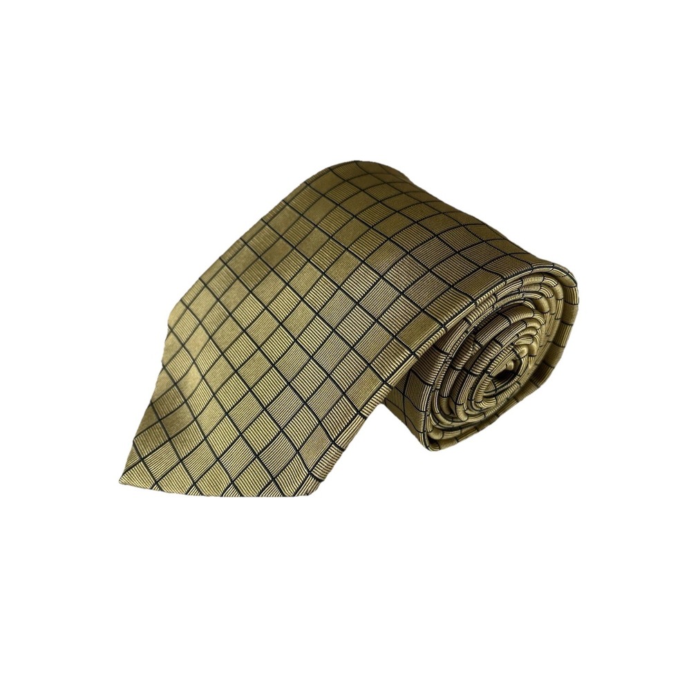 Brooks Brothers 57" 100% Silk Tie Gold Navy Blue Checkered Necktie USA Preppy